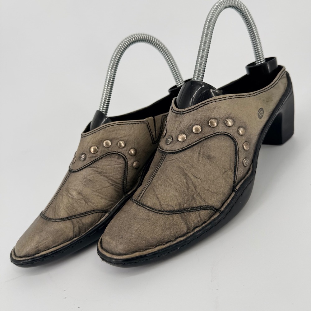 Josef Seibel Womens 37 US 6.5 Grey Leather Studded Block Heel Mules Clogs Shoes